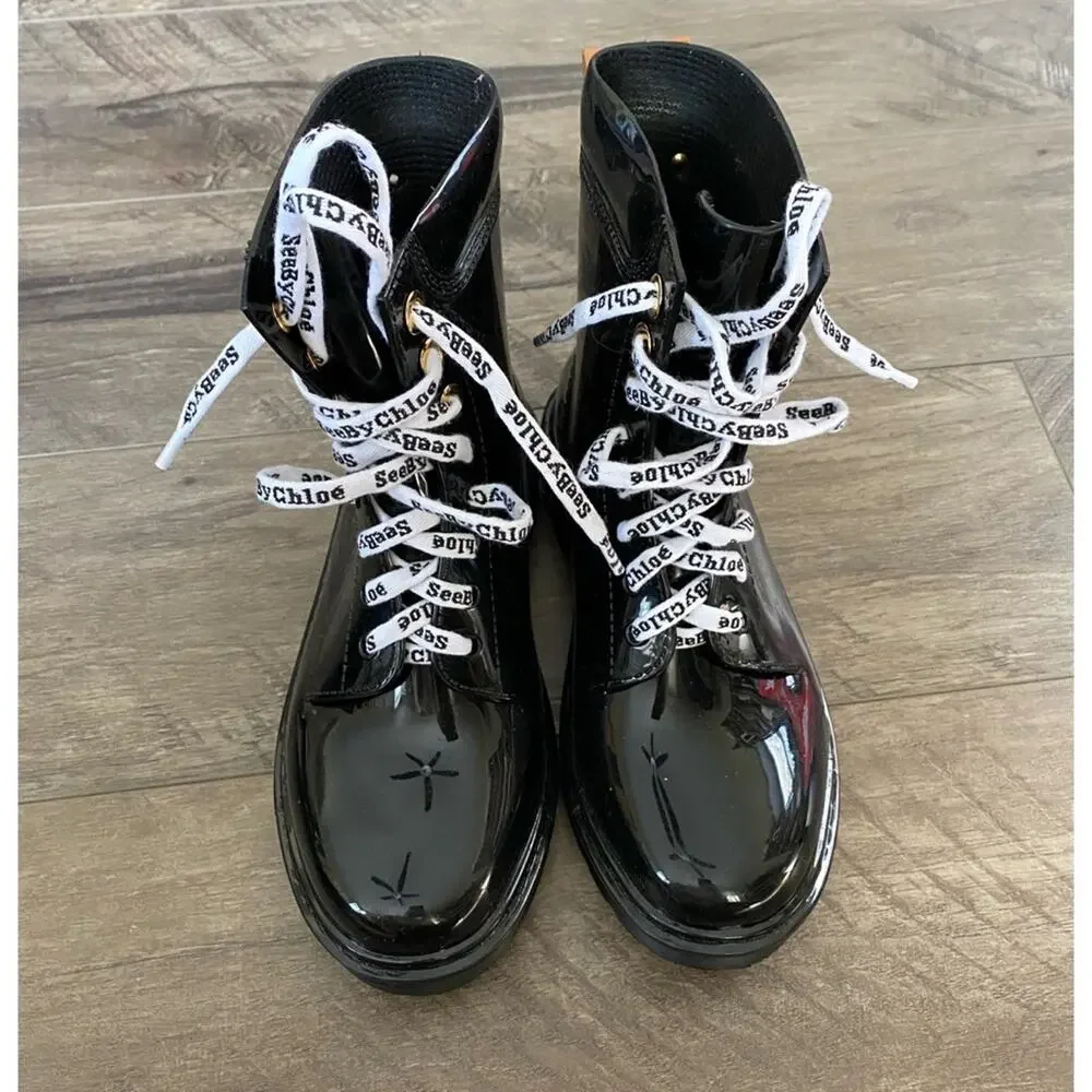 See by Chloe Florrie Rain Boots black 37 logo lace combat style